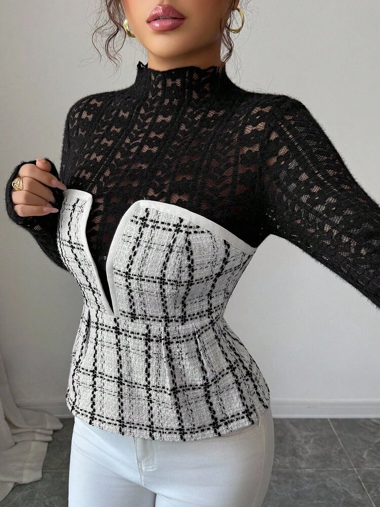 Women's Elegant 2 In 1 Contrast Lace Base Layer T-Shirt Long Sleeve Top