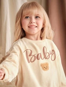 Loomiva YYoung Girls Cute Bear Print Crew Neck Sweatshirt, Comfortable Casual Pullover Suitable For Everyday Wear And School, Autumn/Winter Fall - Beige - View 5