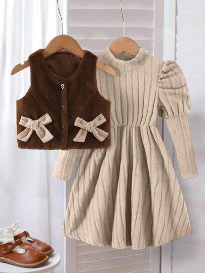Elladie kids Bộ váy liền thân màu trơn họa tiết cổ cao tay bồng thanh lịch cho bé gái & áo vest cổ tròn ngắn đính nơ lông trang trí, thu/đông