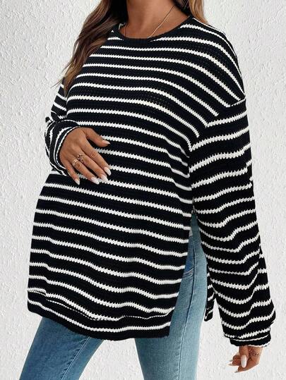 SHEIN Casual Striped Crew Neck Long Sleeve Loose Fit Maternity Sweatshirt Long Sleeve Top Sweater For Women Stripe Top Sweater Top Striped Long Sleeve