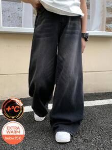 SHEIN 青少年男孩时尚休闲 Y2K 复古酷炫街头风返校学院风黑色牛仔抓绒鞋底保暖舒适宽松牛仔裤，适合日常穿着、秋冬季节锐舞音乐节和街头潮流。 - 黑色 - 查看 1