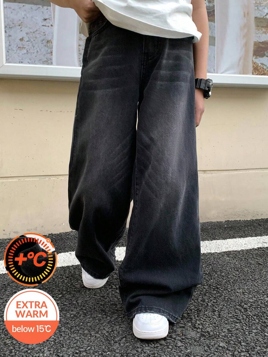 SHEIN 青少年男孩时尚休闲 Y2K 复古酷炫街头风返校学院风黑色牛仔抓绒鞋底保暖舒适宽松牛仔裤,适合日常穿着、秋冬季节锐舞音乐节和街头潮流。 - 黑色 - 查看 1