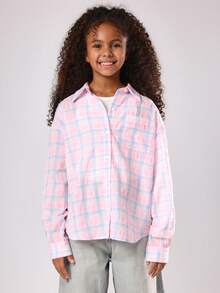 SUMWON Cotton Oversized Plaid Shirt Long Sleeve Button Down Collared Blouse Casual School Spring Fall Layering Top Winter - Pink - View 5