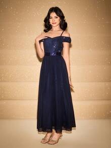 优雅亮片拼布腰部吊带背心连衣裙，适合少女穿着，适合派对、圣诞节、万圣节 - 藍色 - 查看 5