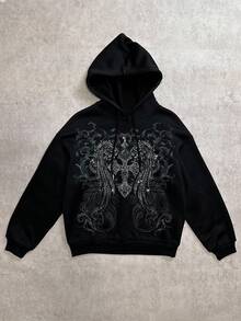 Attitoon Casual Vintage Street Style Grey Cross & Wing Rhinestone Print Loose Fit Thick Sweatshirt For Women, Suitable For Fall/Winter - Black - View 6