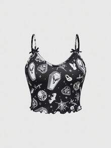 ROMWE Goth Conjunto de pijama de tirantes con estampado de esqueleto, araña y murciélago en todo el diseño para mujer - Negro - Ver 7