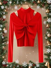 SHEIN LUNE Autumn And Winter Red Red Long-Sleeved Top, Christmas Halloween Elegant Versatile T-Shirt - Red - View 1