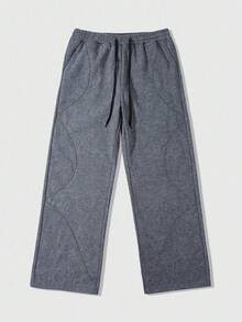 ROMWE MEN Street Life Men's Washed Patchwork Loose Drawstring Waist Casual Wide Leg Sweatpants - Grey - View 1