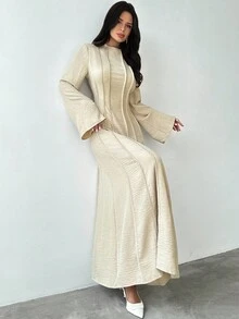 Firerie 女士杏色收腰 A 字长裙，简约百搭，腰部褶皱修身长袖 A 字女士连衣裙，亚麻飘逸长裙，商务休闲装，立领喇叭袖收腰 A 字连衣裙，优雅办公室女士日常连衣裙，春秋季 - 杏色 - 查看 6