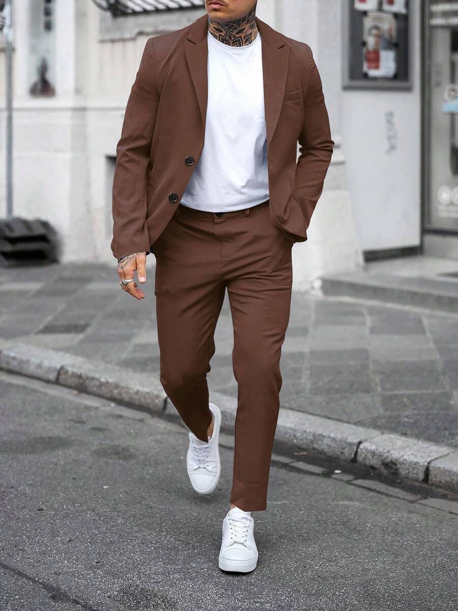 Manfinity Mode 男士咖啡棕色 2 件套西裝,簡約純色尖領西裝外套與長褲套裝,適合秋季、商務休閒、辦公室、正式場合、週年禮物、典禮 - 棕色 - 查看 1