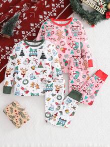 SHEIN 4pcs Young Girl Christmas Pattern Knit T-Shirt & Leggings Pajama Set,Cotton Bamboo Snug Fit Night Fairy Pink Autumn Baby Shower Sleepwear - Multicolor - View 2