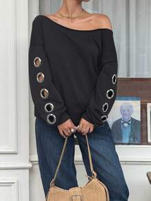 Muchica Sudadera holgada y versátil de punto negro con hombros calados para mujer, top de manga larga con hombros descubiertos para otoño/invierno