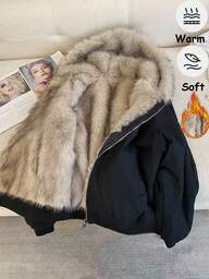 Franclia 여성용 패셔너블 & 엘레강스 캐주얼 후드 모조 모피 패치워크 두꺼운 블랙 패딩 코트, 가을/겨울