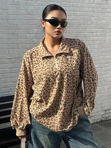Dazy Plus Plus Size Women Zip-Up Leopard Print Loose Fit Pullover Sweatshirt, Street Style Fall/Winter - Khaki - View 6