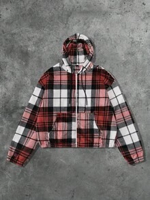 ROMWE MEN Street Life Men's Plaid Hooded Sweatshirt, Street Style American Casual Sweatshirt, Autumn/Winter - Red - View 1