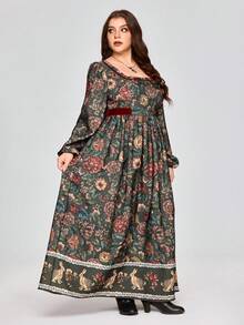 ROMWE EDITION Vintage Medieval Floral Print A-Line Plus Size Dress - Multicolor - View 2
