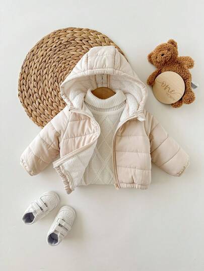 SHEIN 新生女婴可爱米色保暖长袖夹克，百搭秋冬装