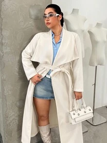 SHEIN EZwear 加大码纯色翻领系带修身休闲大衣，秋冬款 - 白色 - 查看 6