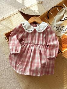 Vintaside Kids Váy dài tay kẻ caro cổ Peter Pan thêu cho bé gái mùa thu dễ thương, cổ điển, phong cách trường học, thích hợp cho các buổi đi chơi và trở lại trường - Nhiều màu - Xem 1