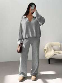 EURMUSE Woman Checkered Jacquard Polo Neck Two Pieces Sweater And Pants Co-Ords - Light Grey - View 7
