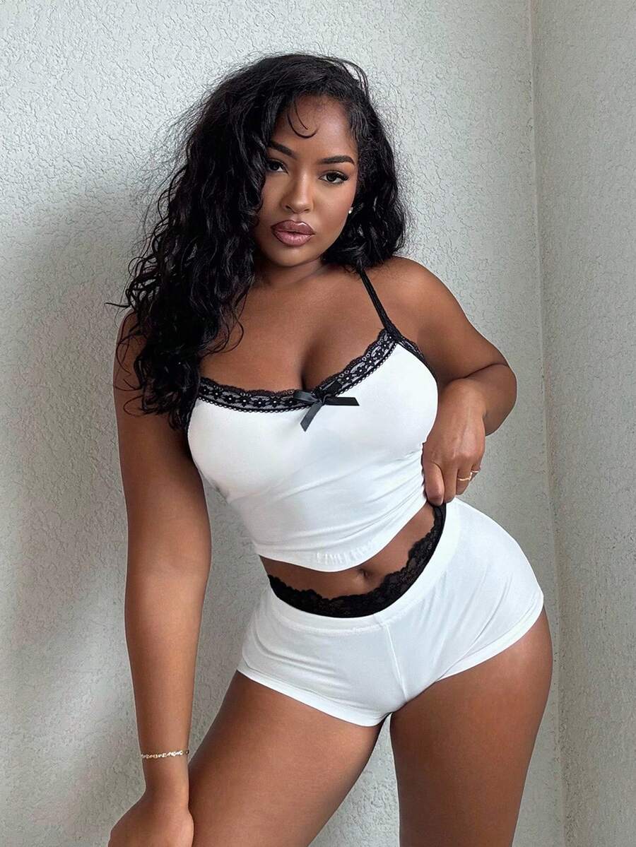 Alexandranx 2pcs/Set Colorblock Lace Splice Bow Decor Camisole And Ultra Low Waist Lace Splice Foldover Waistband Mini Shorts,Summer Sets - White - View 1