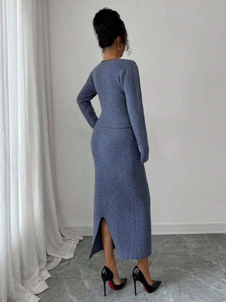 Women's Elegant Contrast Color V-Neck Pocket Cardigan & Skirt 2 Pieces Knit Set, Autumn