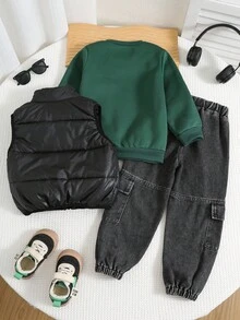 SHEIN 3 件套：年轻男孩加厚百搭黑色背心外套、绿色宽松印花连帽卫衣、水洗个性工装裤，韩版休闲街头时尚秋冬 - 彩色 - 查看 7