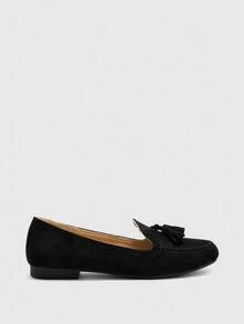 CUCCOO BIZCHIC Mocasines de ante negro con flecos, puntera redonda, suela blanda y cómoda, estilo retro, para mujer. Zapatos casuales para conducir y uso diario - Negro - Ver 7