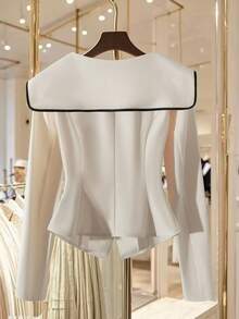 SHEIN Franclia Áo kiểu Pháp thanh lịch tay dài màu tương phản cổ xanh navy cài nút trang trí eo bó sát màu mơ cho nữ, mùa thu/đông - Màu be - Xem 2