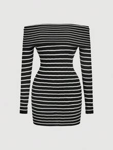 SHEIN MOD Women's Off-Shoulder Chic Black And White Striped Sweater Dress,Autumn Night Out Elegant Niche Striped Sweater,Fall Winter Graduation Dresses - Black - View 1
