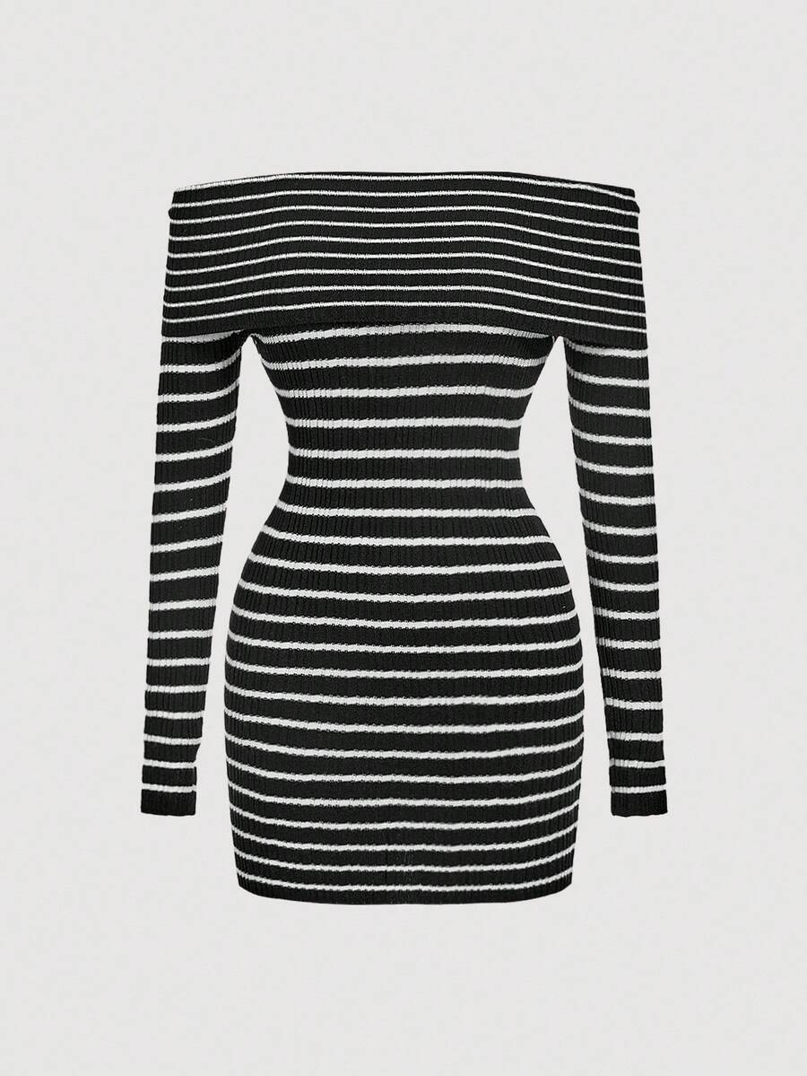 SHEIN MOD Women's Off-Shoulder Chic Black And White Striped Sweater Dress,Autumn Night Out Elegant Niche Striped Sweater,Fall Winter Graduation Dresses - Black - View 1