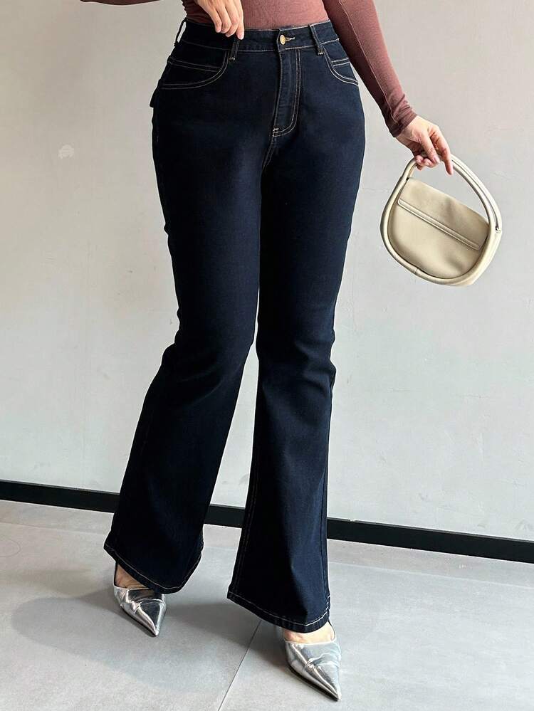Dazy Plus Plus Size Dark Wash Stretch Slim Fit Flare Leg Jeans, All Season