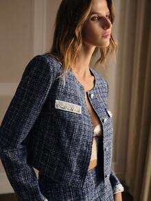 MOTF PREMIUM TWEED BUTTON UP JACKET & FAUX PEARL TRIM SKIRT OUTFIT - Navy Blue - View 3