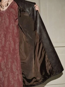 SHEIN Unity 做旧复古长款 PU 皮革风衣，适合秋季、夏季、优雅、别致、新年、休闲、圣诞节 - 棕色 - 查看 8