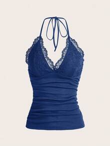 ROMWE PUNK Women's Contrast Lace Ruffle Fitted Halter Neck Camisole - Navy Blue - View 7