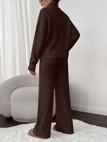 EURMUSE 2pcs Set: Cable Knit Turtleneck Long Sleeve Top And Solid Color Pants - Brown - View 2