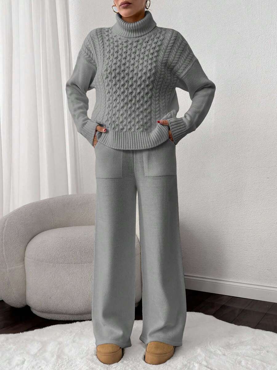 EURMUSE 2pcs Set: Cable Knit Turtleneck Long Sleeve Top And Solid Color Pants - Light Grey - View 1