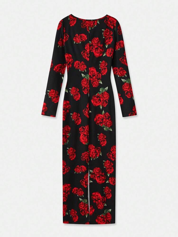 Fitted Maxi Dress With Black And Red Floral Print And Tie Front Detail Fall Women Clothes Spring Summer Date Night Dress Going Out Dress