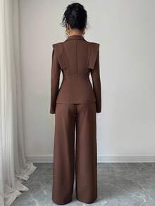 Selianne 女士休闲优雅西装套装，配有双排扣衬衫和松紧腰裤，适合工作、度假、下午茶、派对、春秋冬 - 棕色 - 查看 2