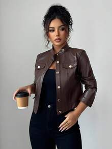 Elenzga Áo khoác nữ tay dài, ngắn, phong cách Pháp lãng mạn, Sicily, mùa thu/đông, chất liệu da PU trơn màu, hở phía trước, nút kim loại, cổ áo trang trí, túi - màu nâu - Xem 4