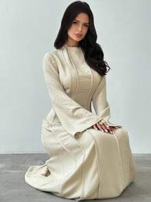 Firerie 女士杏色收腰 A 字长裙，简约百搭，腰部褶皱修身长袖 A 字女士连衣裙，亚麻飘逸长裙，商务休闲装，立领喇叭袖收腰 A 字连衣裙，优雅办公室女士日常连衣裙，春秋季 - 杏色 - 查看 8