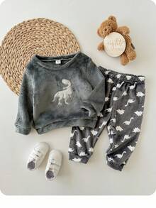 Baby Boy Cute Cartoon Pattern Fluffy Long Sleeve Pajama Set, Autumn/Winter Fall Baby Boy Versatile Casual Cute Cartoon Dinosaur Pattern Fluffy Long-Sleeved Trousers Plush Fur Lining Pajamas Set, Autumn And Winter, Plush Fur Lining Suit 2-Piece Set, Versatile Autumn And Winter Warm Fashion, Cutting-Edge Fashion Design Can Be Worn Indoors And Outdoors, Care For Baby's Skin, Mother's Shopping First Choice Suitable For Indoor, Outdoor, Daily, Sports, Play, Party, Photo, Vacation, Festival