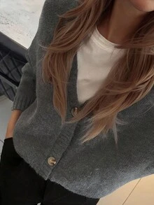 DAZY 女士V领宽松灰色长袖开衫 - 深灰色 - 查看 6