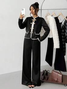 SHEIN 少女优雅简约舒适开衫和裤子套装 - 黑色 - 查看 4