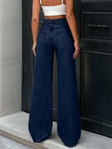 SHEIN Tall Quần jean ống rộng lưng thấp màu xanh nhạt cao 100% cotton - Rửa tối - Xem 2