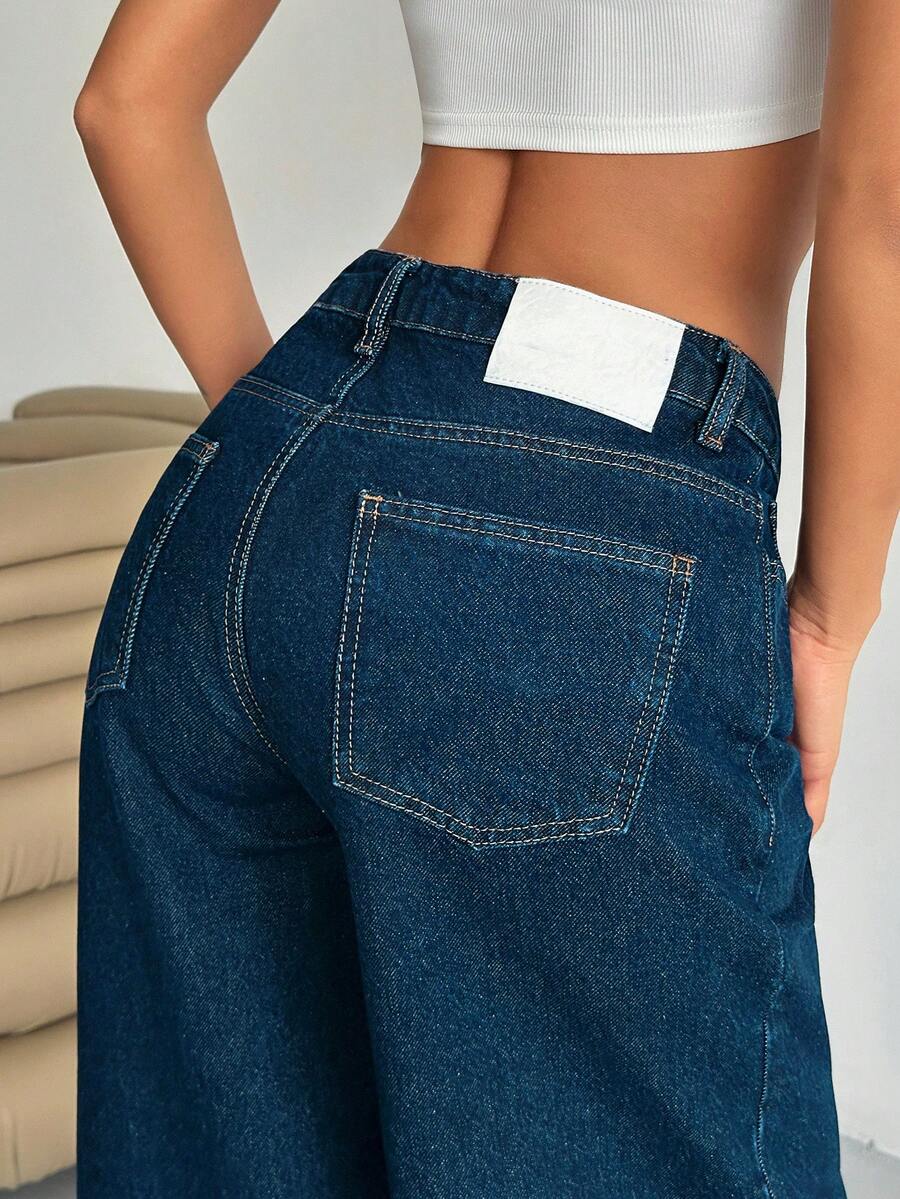 SHEIN Cottnline WOMEN LOW WAIST WIDELEG CASUAL STREET DARK BLUE WITH BACK LABEL WATER WASH - Medium Wash - View 1