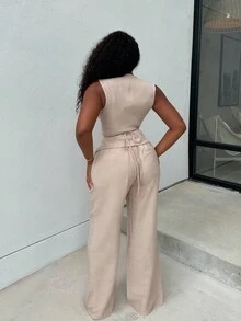 Alexandranx Bộ 2 món áo vest trơn và quần dài thường ngày cho nữ, mùa hè - Màu be - Xem 2