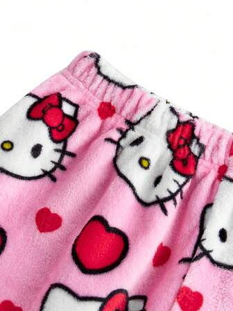 HELLO KITTY AND FRIENDS | SHEIN Dampyjamasset med tecknat mönster och kontrasterande raglanärm, till jul, pyjamasset med långärmad topp och långa byxor, plyschigt, varmt och sött, höst- och vinterkläder