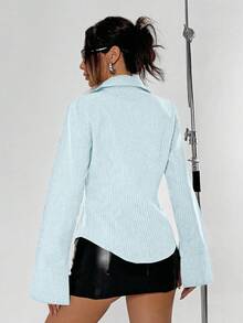 Flirla 女式纽扣长袖条纹休闲商务衬衫 - 淺藍色 - 查看 2