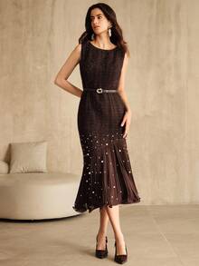 Anewsta Elegant Coffee Color Tweed Patchwork Pleated Fishtail Hem Beaded Dress - Coffee - View 4